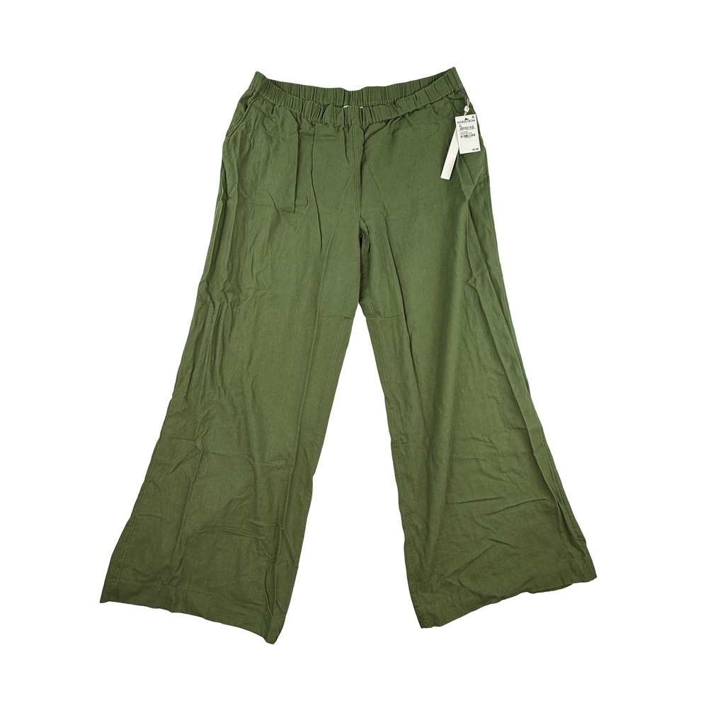 CASLON Women Olive Green Wide Leg Linen Blend Pants XL Elastic Waist Pockets